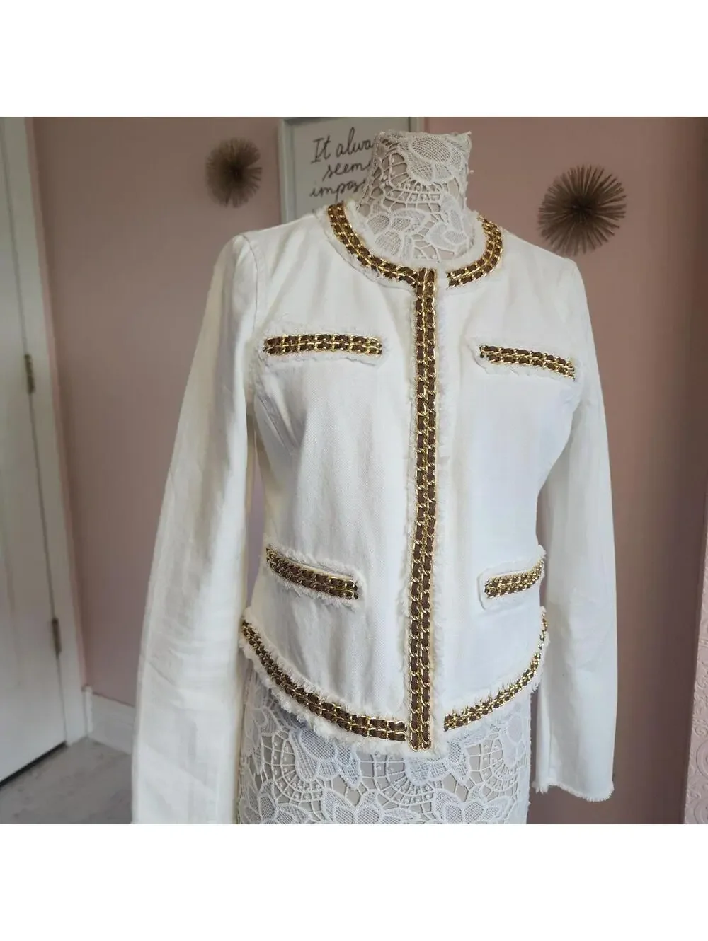 Michael Kors White Denim Jacket Gold Chain Trim Fringe Blazer 12